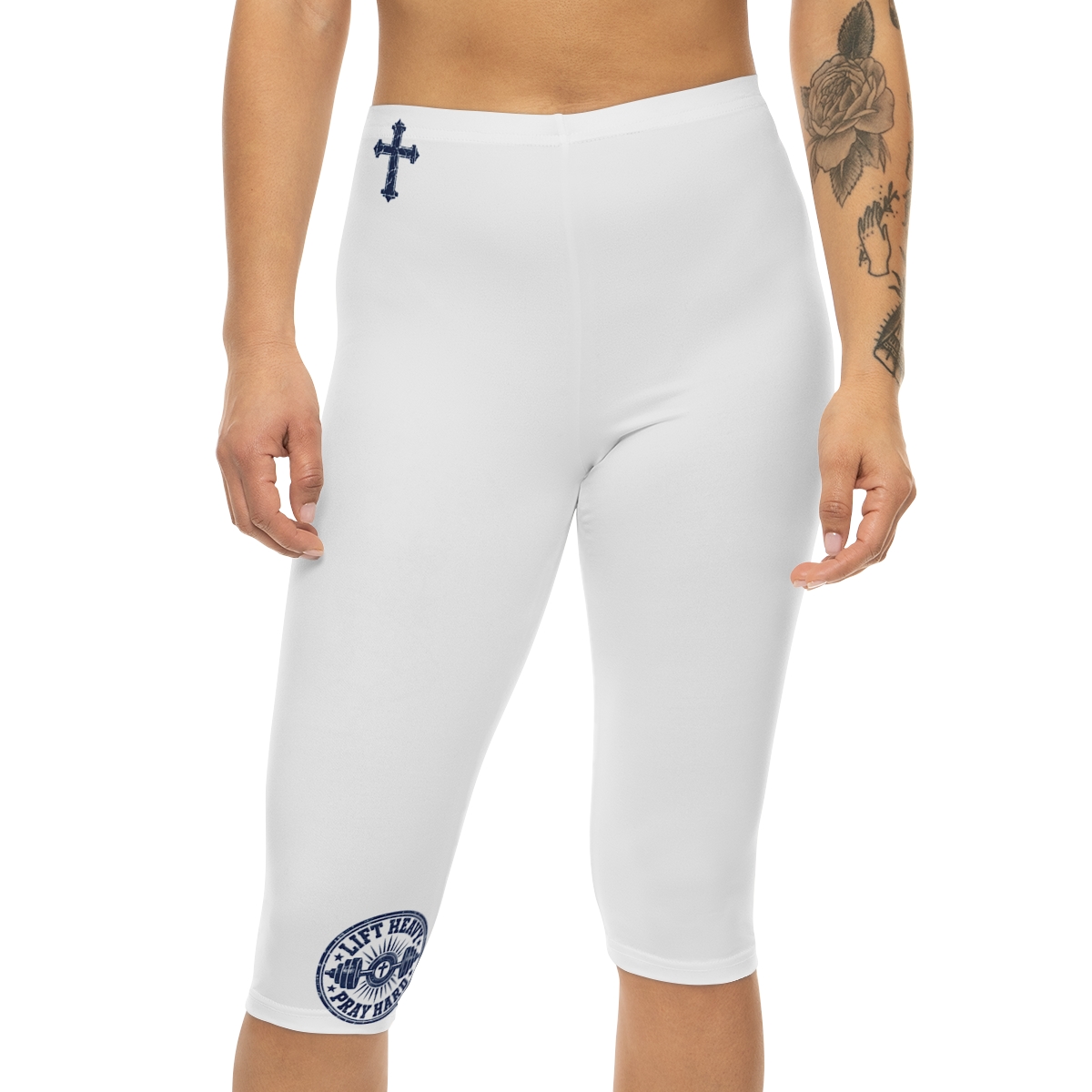 Navy Cross and Circular Emblem Capri Leggings Religious Symbol Leggings image 1