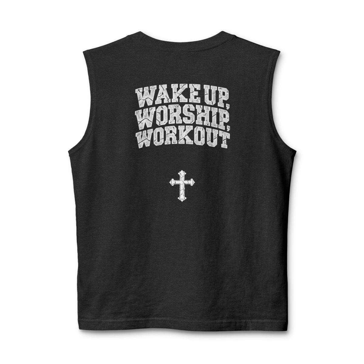 Wake Up, Worship & Workout Muscle Tank Graphic Back Cross image 4